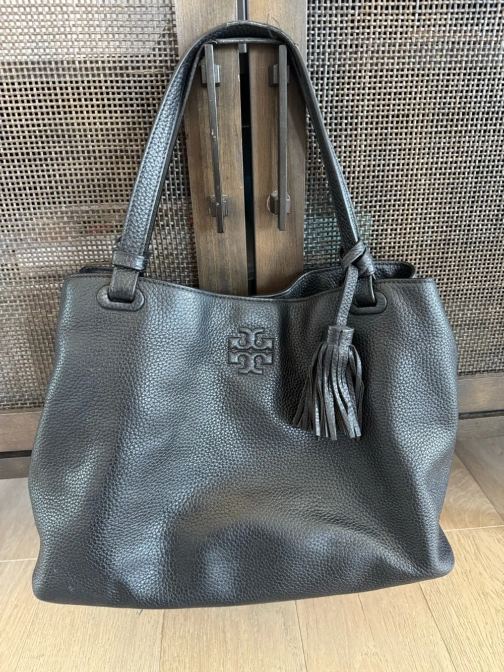 Tory Burch Thea Center Zip Tote Black Pebbled Leather Tassel Handbag Black